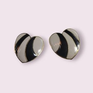 Vintage heart button black and white  clips on earrings